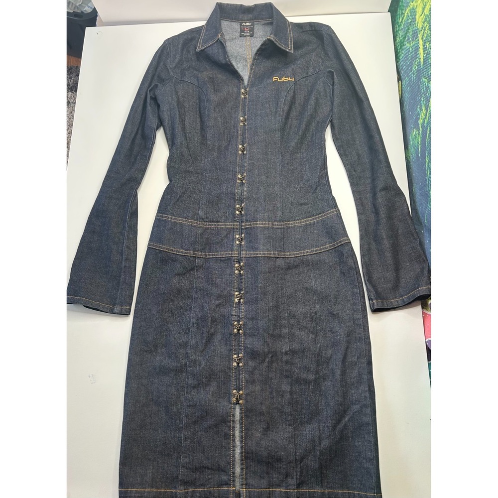 FUBU Denim Midi Dress Women W3/4 Dark Blue Hook & Eye Vintage 90s Streetwear